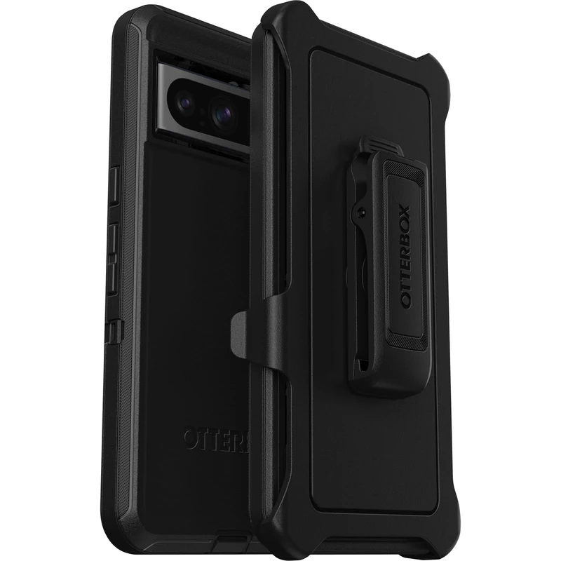 OtterBox Google Pixel 8 Pro Defender Series Case - BLACK, rugged & durable, with port protection, includes holster clip kickstand