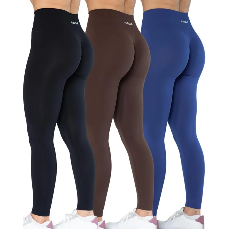 AUROLA Power Workout Leggings for Women Tummy Control Squat Proof Ribbed Thick Seamless Scrunch Active Pants, Pack(Black/Surf The Web/Java Coffee), S