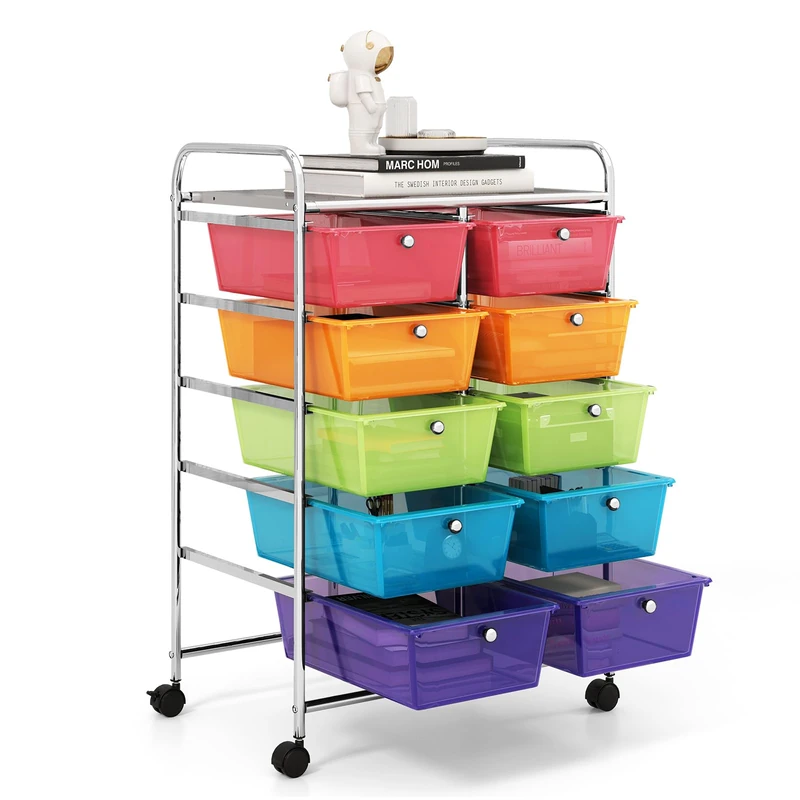 GiantexUK 10 Drawers Storage Cart, Mobile Rolling Storage Trolley with 4 Lockable Wheels & Handles, Utility Shelving Organizer Unit for Home Office Salon Beauty Make up (Rainbow)