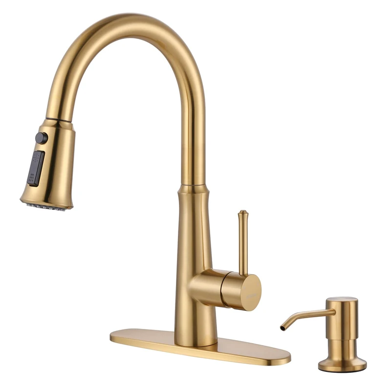 WOWOW Gold Single Lever Stainless Steel Sink Tap with Pull Down Sprayer 2 or 4 Holes Pull Out Kitchen Tap with Deck Plate and 3 Functions