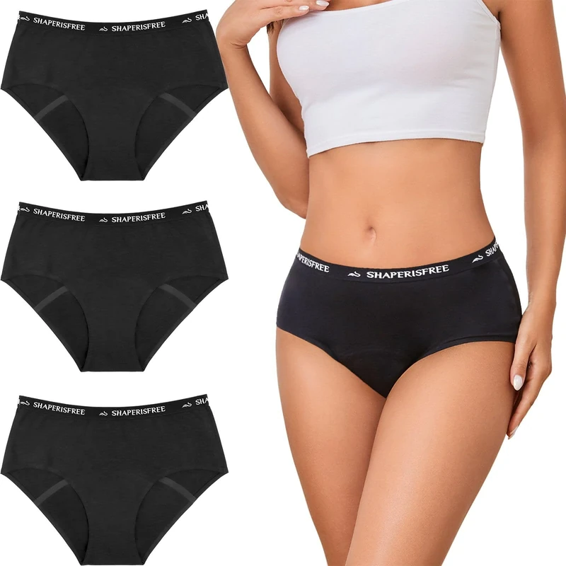 Women's High Absorbency Period Cotton Underwear Heavy Flow Leakproof Panties Washable Incontinence Briefs Multipack, 3 Packs - Solid Black, M
