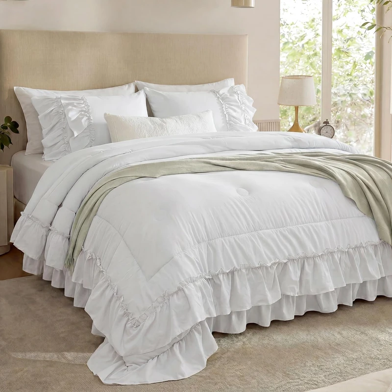 Bedding_Dreamer White Ruffle Comforter Set King, 3 Pieces Shabby Chic Farmhouse Bedding, Soft Microfiber Comforter with Matching Shams, All Season