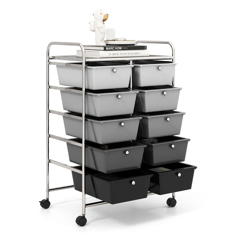 GiantexUK 10 Drawers Storage Cart, Mobile Rolling Storage Trolley with 4 Lockable Wheels & Handles, Utility Shelving Organizer Unit for Home Office Salon Beauty Make up (Gradient Black)
