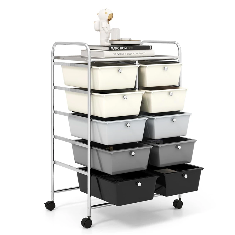 GiantexUK 10 Drawers Storage Cart, Mobile Rolling Storage Trolley with 4 Lockable Wheels & Handles, Utility Shelving Organizer Unit for Home Office Salon Beauty Make up (Gradient Grey)
