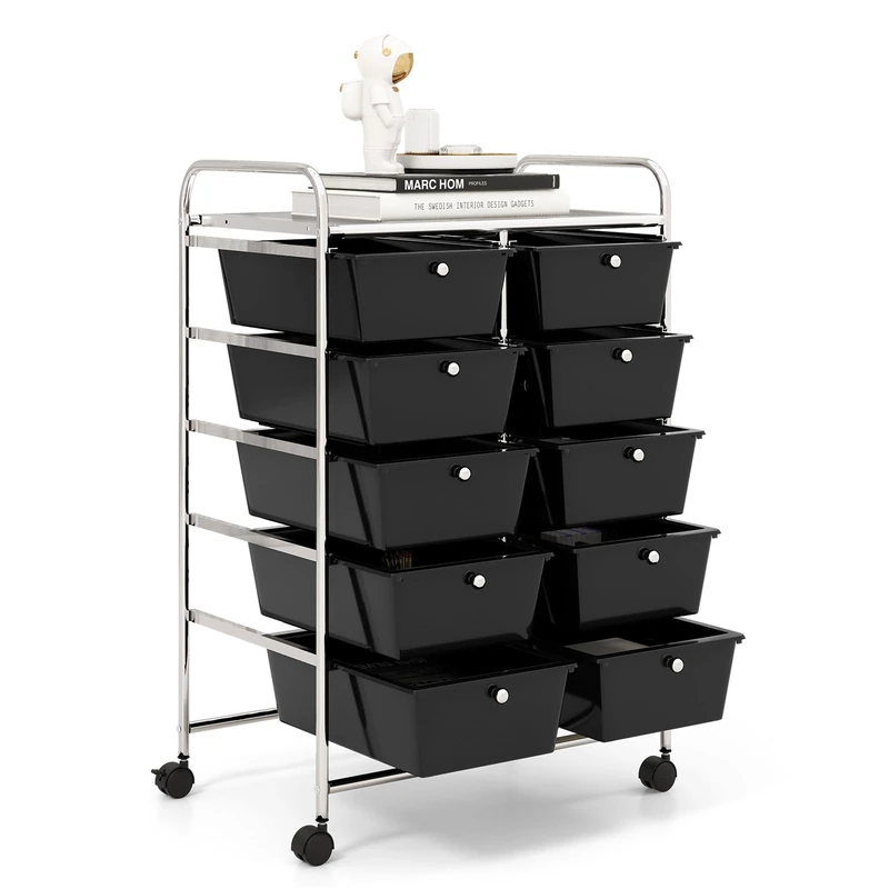 GiantexUK 10 Drawers Storage Cart, Mobile Rolling Storage Trolley with 4 Lockable Wheels & Handles, Utility Shelving Organizer Unit for Home Office Salon Beauty Make up (Black)