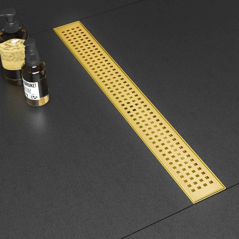 SaniteModar Linear Shower Drain, Shower Drain Gold 36 inch with Removable Grate,Brushed 304 Stainless Steel Shower Drain Include Hair Strainer,Adjustable Leveling Feet