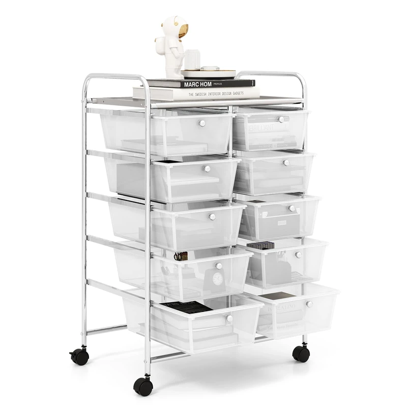 GiantexUK 10 Drawers Storage Cart, Mobile Rolling Storage Trolley with 4 Lockable Wheels & Handles, Utility Shelving Organizer Unit for Home Office Salon Beauty Make up (Clear)