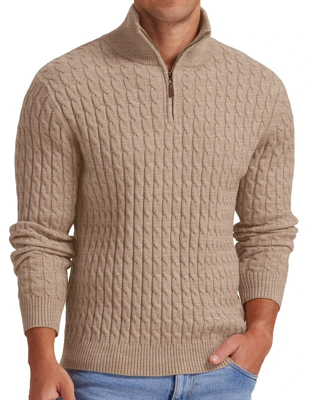 Askdeer Men's Quarter Zip Sweater Cable Knit Sweater Mock Neck Polo Sweater Soft Casual Pullover Sweater with Ribbing Edge, A02 Khaki, Large - Image 1