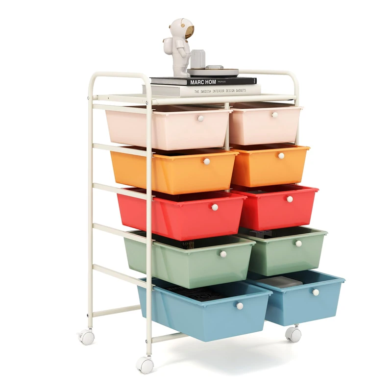 GiantexUK 10 Drawers Storage Cart, Mobile Rolling Storage Trolley with 4 Lockable Wheels & Handles, Utility Shelving Organizer Unit for Home Office Salon Beauty Make up (Macaron)