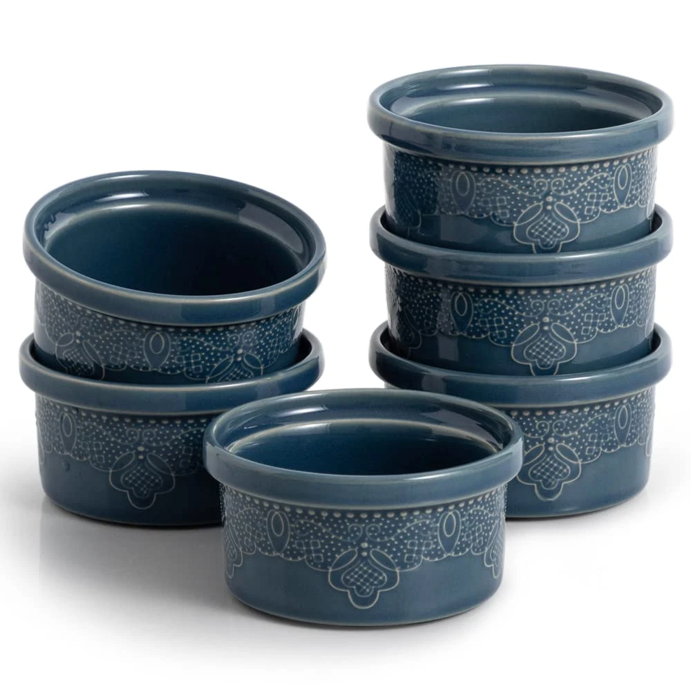 FUN ELEMENTS FE Ceramic Ramekins, Souffle Dishes, Lace Embossed Creme Brulee Dishes, 240 ml for Soufflé, Cupcakes and Pudding, Set of 6, Blue