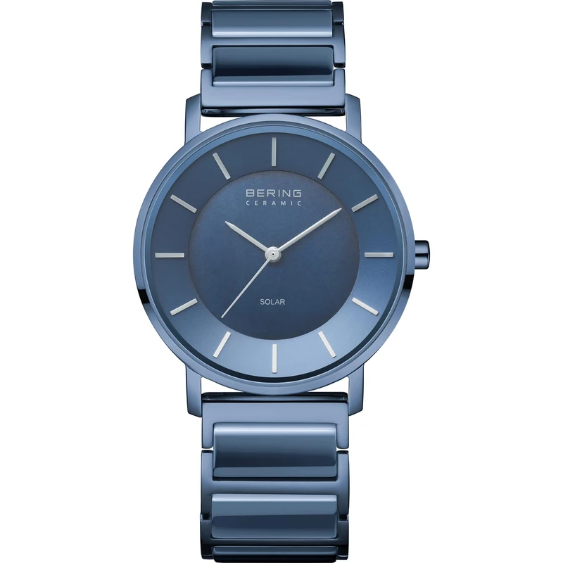 BERING Damen Solar Uhr | Armbanduhr 35 mm blaues Edelstahlgehäuse und blaues Zifferblatt | Edelstahlband mit Keramikelementen | 3 ATM | 19535-797
