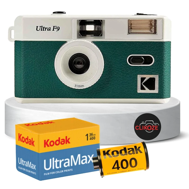Reusable Film Camera Bundle includes a Green Kodak Ultra F9 Film Camera, Kodak Ultramax 35mm Film 36 Exposures and Clikoze Camera Film Photography Tips Card