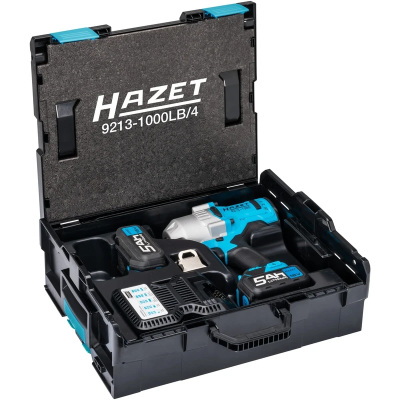 HAZET, Battery Impact Wrench 9213-1000LB/4, Component Loosening and Tightening Tool, Simple, Flexible, 4-Piece Set in L-Boxx, Maximum Torque 1400 nm, Square 20 mm