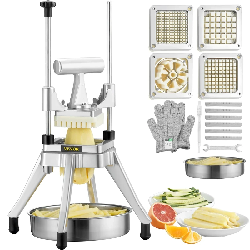 VEVOR Commercial Vegetable Fruit Chopper, Stainless Steel French Fry Cutter with 4 Blades 1/4" 3/8" 1/2", 6-Wedge Slicer, Chopper Dicer with Tray, Heavy Duty Cutter for Potato Tomato Onion Mushroom
