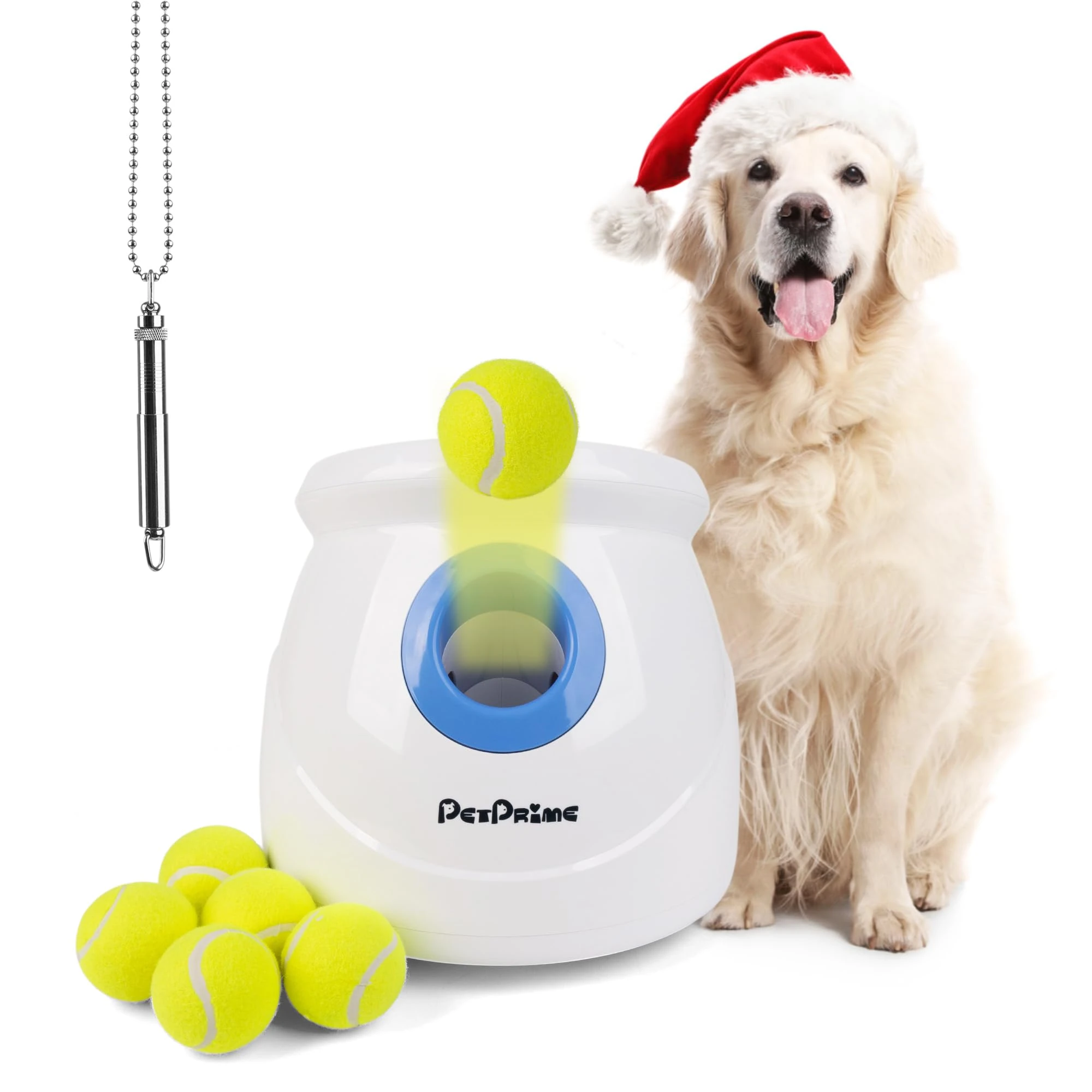 pet prime Automatic Dog Ball Launcher, Dog Interactive Fetch Toy with 10-40Ft, Max Dog Tennis Ball Throwing Machine for Large Size Dogs, With 6 PCS 2.5" Tennis Balls And a Training Whistle