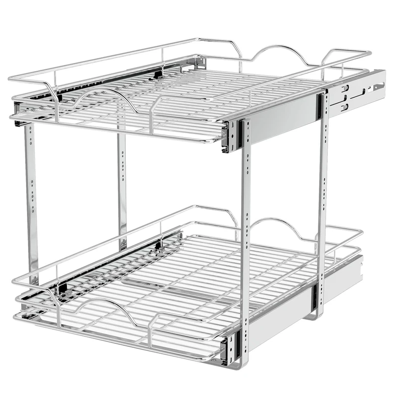 OCG 2 Tier Pull Out Cabinet Organizer (15.5" W x 21" D), Pull Out Drawers for Kitchen Cabinets, Pull Out Shelves for Base Cabinet Organization in Kitchen Bathroom Pantry, Chrome Finish