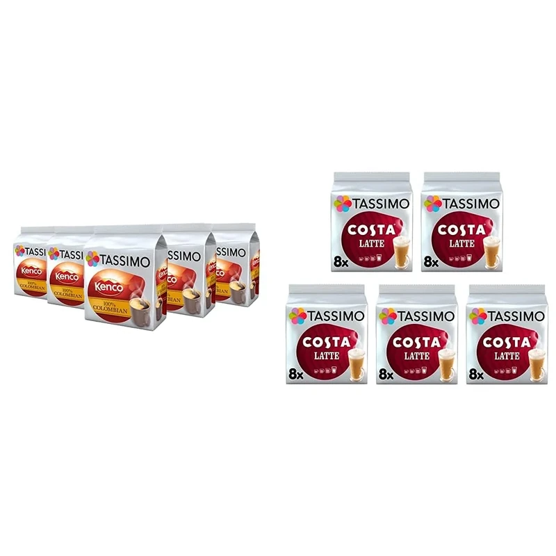 Tassimo Kenco Colombian Coffee Pods X16 (Pack of 5, Total 80 Drinks) & Costa Latte Coffee Pods x8 (Pack of 5, Total 40 Drinks)
