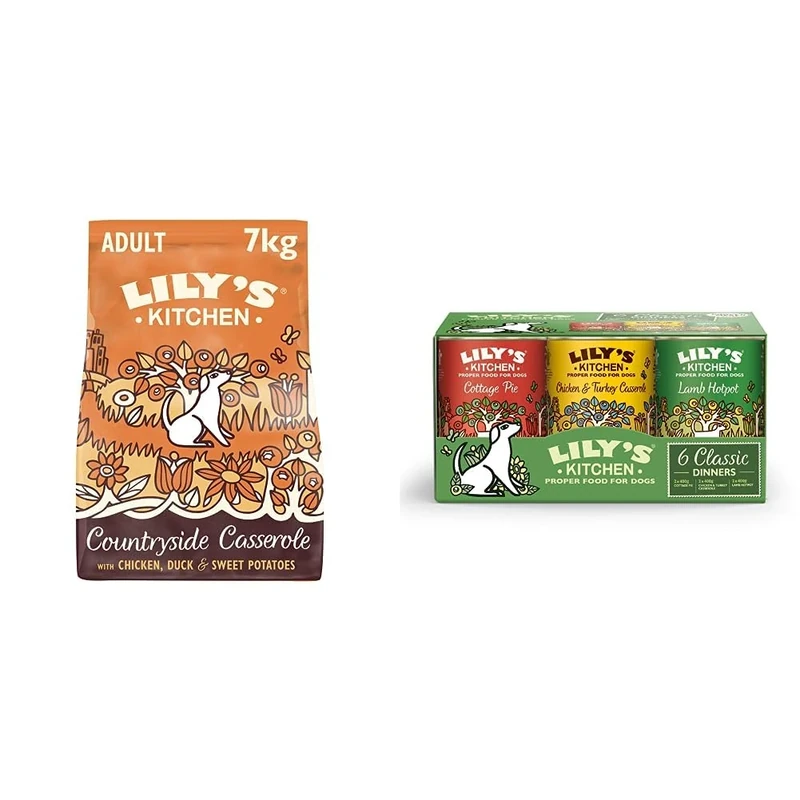 Lily's Kitchen Natural Adult Dry Dog Food Chicken & Duck Grain-Free Recipe 7kg & Natural Adult Wet Dog Food Tins Classic Dinners Variety Pack 6 x 400g