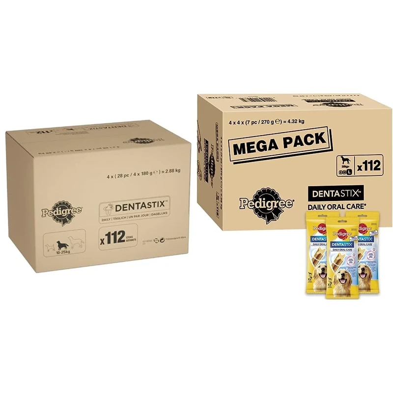 Pedigree DentaStix 112 Sticks Functional Snacks, Daily Dental Chews for Medium Dogs (10-25 kg) & DentaStix 112 Sticks Functional Snacks, Daily Dental Chews for Large Dogs (25 kg+), Megapack