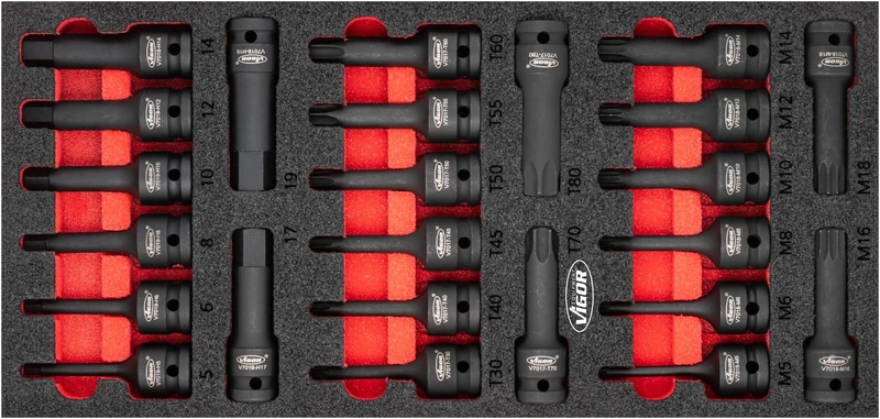 Vigor, Impact Wrench Bit Set V5603 Tool Accessories for Loosening and Tightening Components, Versatile, Safe, Easy to Clean, 24 Pieces