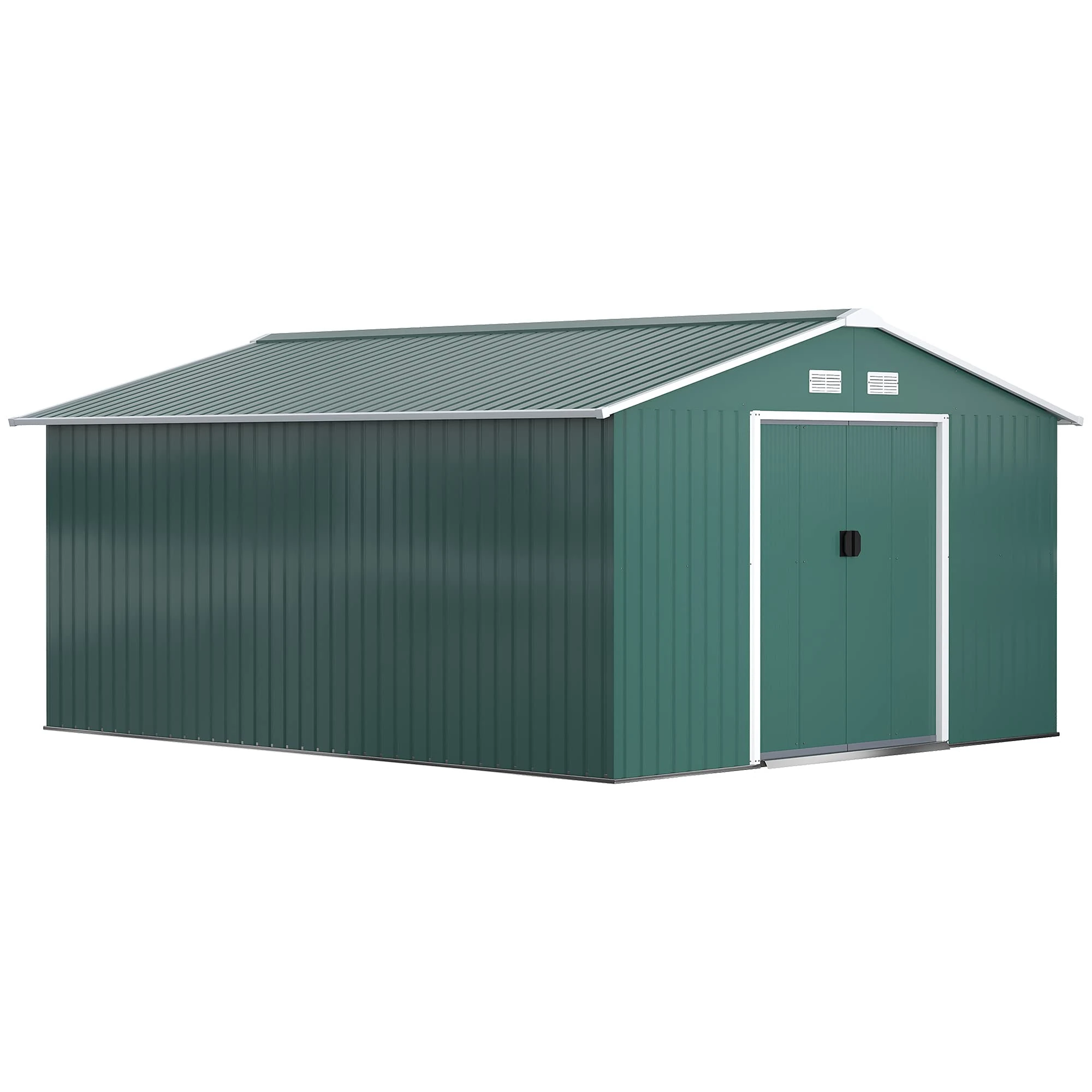 Outsunny 13 x 11ft Metal Garden Shed, Outdoor Storage Tool House with Ventilation Slots, Foundation Kit and Lockable Double Doors, Green