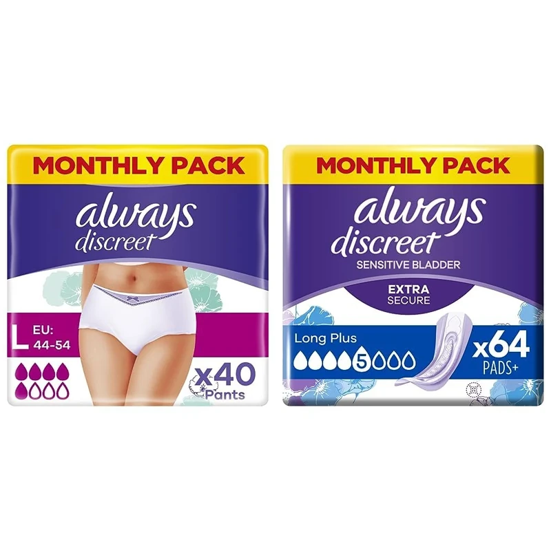 Always Discreet Incontinence Pants Women, Large, Normal, 40 Pants (10 x 4 Packs), Odour Neutraliser & Discreet Incontinence Pads Plus Women, Long Plus, 64 High Absorbency Pads (16 x 4 Packs)