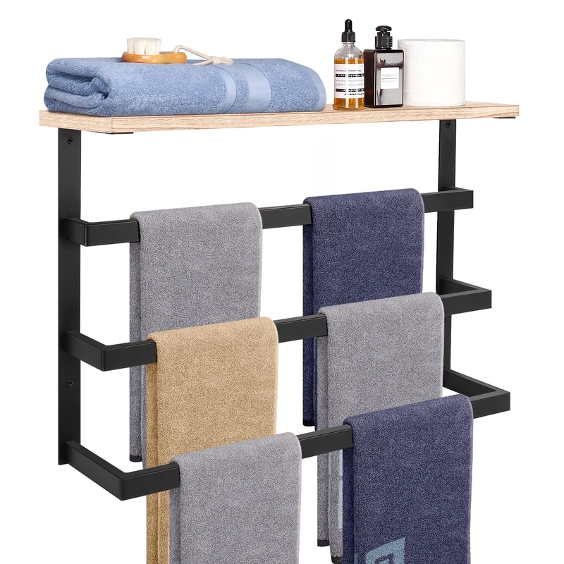 NearMoon Hanging Towel Rack for Bathroom, Thicken Metal Towel Holder with Wood Shelf, 3-Tier Towel Bar Storage, Wall Mounted Towel Hangers Bathroom Decor Organizer Accessories (24 Inch, Matte Black)