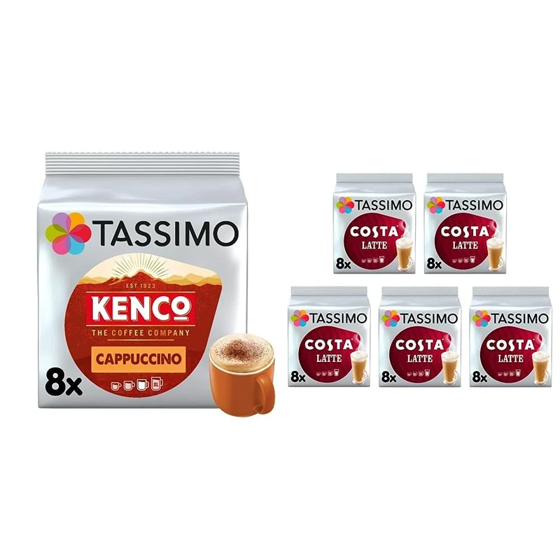 Tassimo Kenco Cappuccino Coffee Pods x8 (Pack of 5, Total 40 Drinks) & Costa Latte Coffee Pods x8 (Pack of 5, Total 40 Drinks)