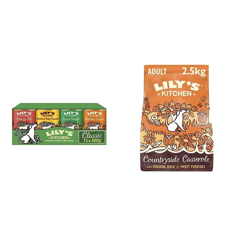 Lily's Kitchen Natural Adult Wet Dog Food Tins Classic Dinners Variety Pack 12 x 400g & Natural Adult Dry Dog Food Chicken & Duck Grain-Free Recipe 2.5kg