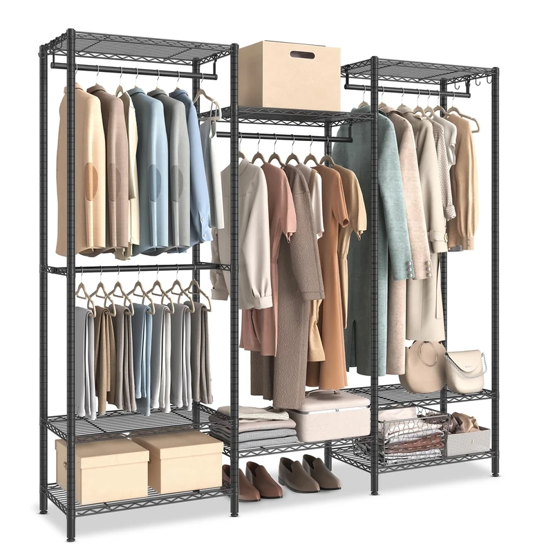 SONGMICS Clothes Rack, Open Wardrobe for Bedroom, Metal Clothes Rails with Adjustable Storage Shelves and Hanging Rails, Hooks, Heavy-Duty Clothing Storage, Dividable, Ink Black LGR431B01