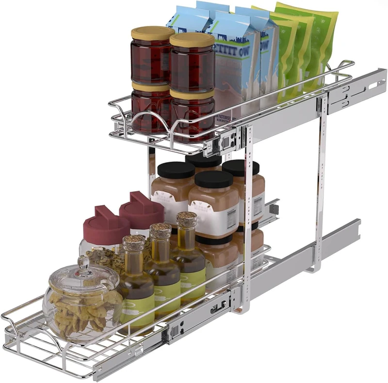 OCG 2 Tier Pull Out Cabinet Organizer (9.5" W x 21" D), Pull Out Drawers for Kitchen Cabinets, Pull Out Shelves for Base Cabinet Organization in Kitchen Bathroom Pantry, Chrome Finish