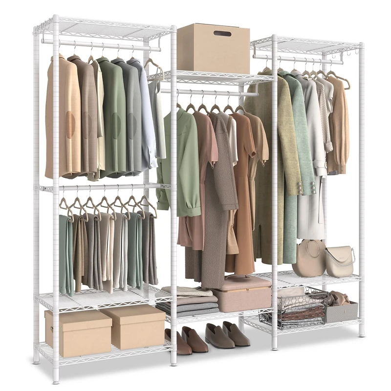 SONGMICS Clothes Rack, Open Wardrobe for Bedroom, Metal Clothes Rails with Adjustable Storage Shelves and Hanging Rails, Hooks, Heavy-Duty Clothing Storage, Dividable, Cloud White LGR431W01