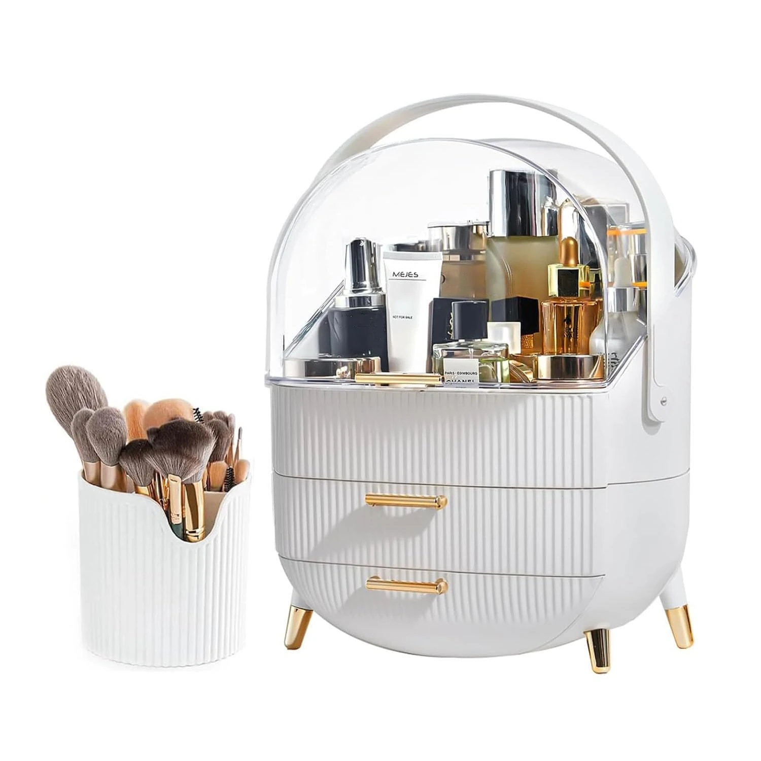 SIOOUI Makeup Organiser, Clear Cover Cosmetic Display Case with 2 Drawers & Brush Holder - Waterproof & Dustproof Skincare Organisers for Bathroom Countertop, Bedroom Vanity Desk (White)