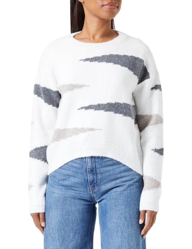 Fenia Women's Loose Jumper with Crew Neck with Zebra Print in Contrasting Colour Wool White, Size Xs/S Pullover Sweater
