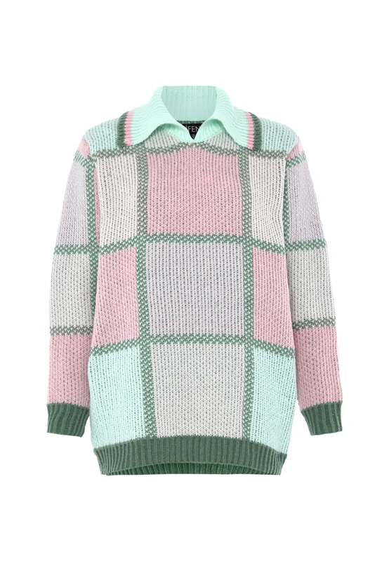 Fenia Women's Colourful Checkerboard Turtleneck Sweater Multicoloured Size M/L Pullover