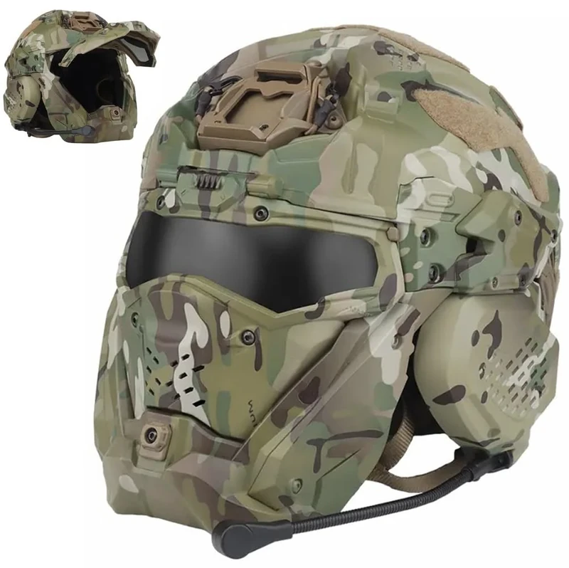 Multifunctional Tactical Helmet With Mask, Full Face Helmet Built-in Headset And Anti-Fog Fan Airsoft Military Helmet With Replaceable Goggles For Paintball Shooting Hunting Gear