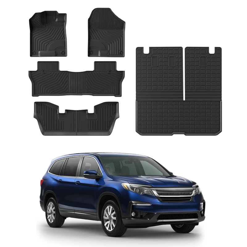Rongtaod Floor Mats Compatible with 2016-2022 Honda Pilot 7 Seats Trunk Mat Cargo Mat Cargo Liner Back Seat Cover Protector (No Elite Model) Pilot Accessories (Trunk Mat with Backrest Mat+Floor Mats)