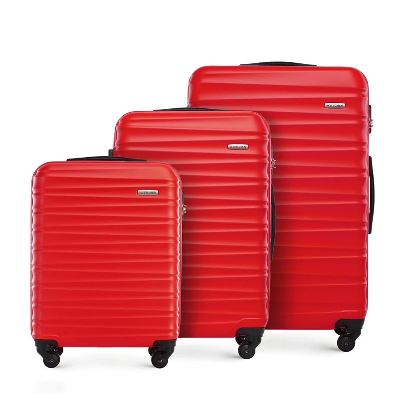 WITTCHEN Travel Suitcase Carry-On Cabin Luggage Hardshell Made of ABS with 4 Spinner Wheels Combination Lock Telescopic Handle Groove Line Set of 3 suitcases Red