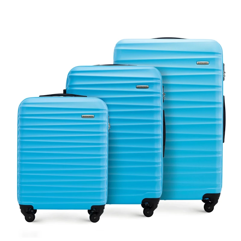 WITTCHEN Travel Suitcase Carry-On Cabin Luggage Hardshell Made of ABS with 4 Spinner Wheels Combination Lock Telescopic Handle Groove Line Set of 3 suitcases Blue