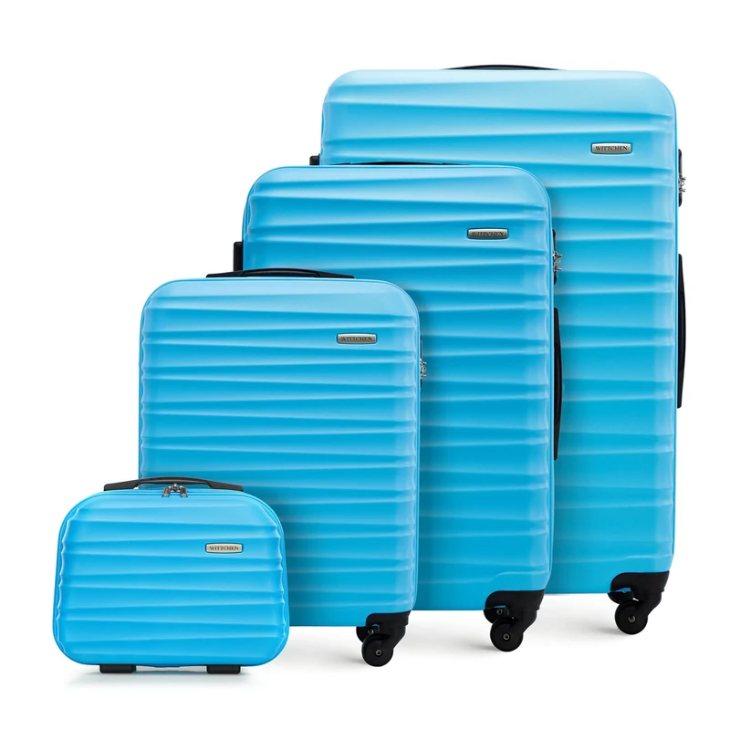 WITTCHEN Travel Suitcase Carry-On Cabin Luggage Hardshell Made of ABS with 4 Spinner Wheels Combination Lock Telescopic Handle Groove Line Set of 4 suitcases Blue