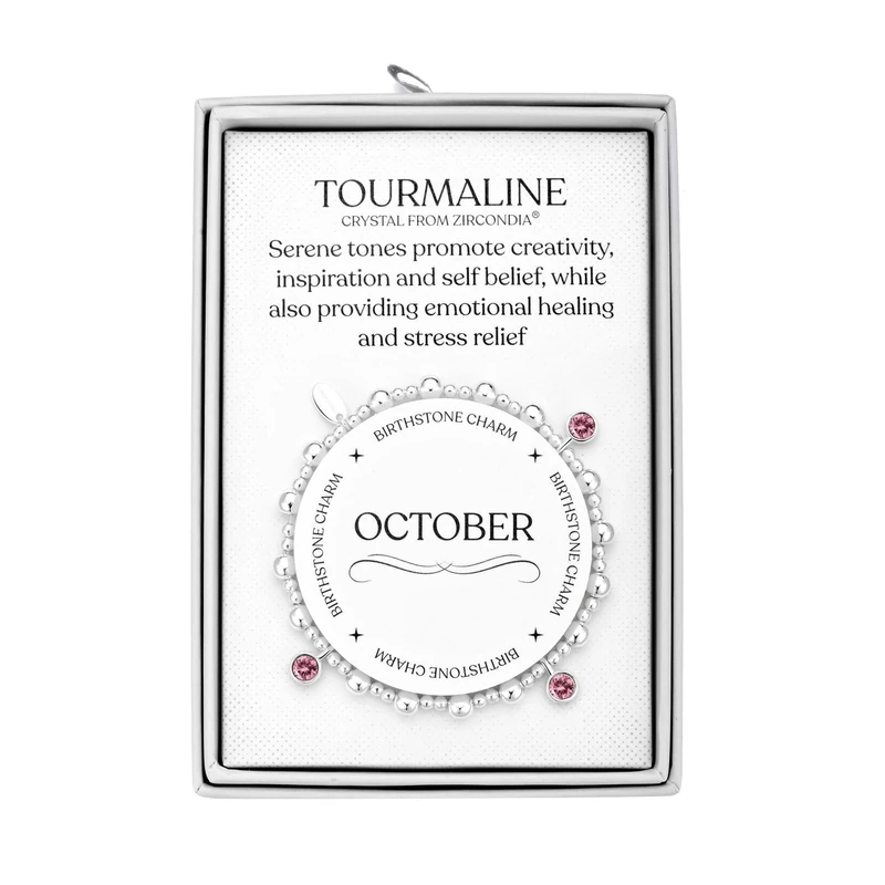 Philip Jones October (Tourmaline) Birthstone Stretch Charm Bracelet with Quote Gift Box