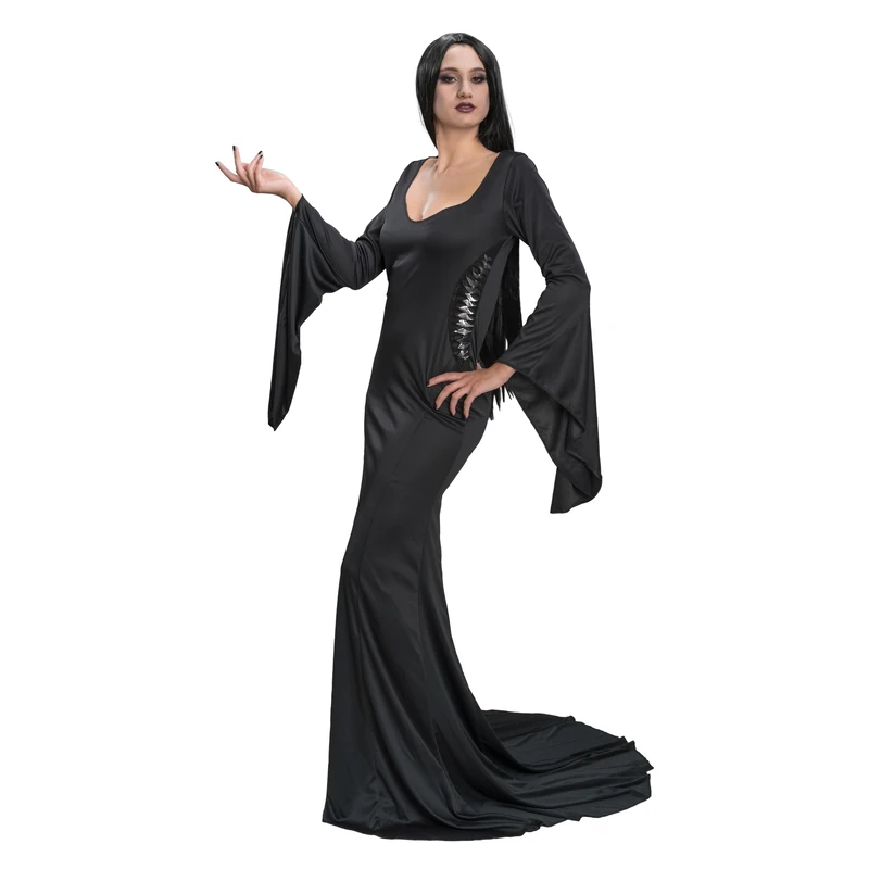 Chaks Morticia Women's Costume - Elegant Long Black Dress with Wide Sleeves and Deep Neck - Addams Family Fancy Dress for Halloween & Carnival Licensed (L)
