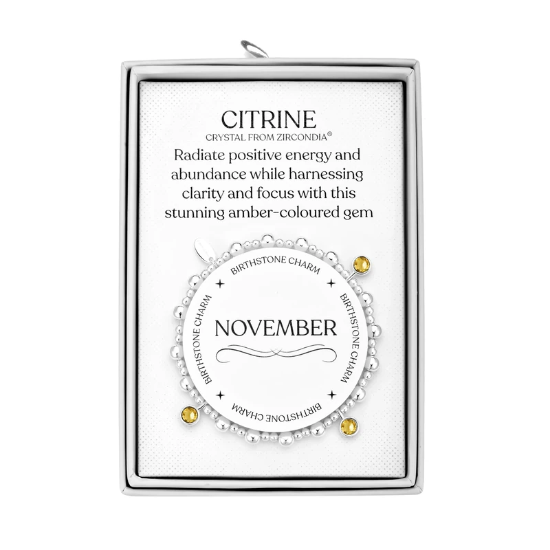 Philip Jones November (Citrine) Birthstone Stretch Charm Bracelet with Quote Gift Box