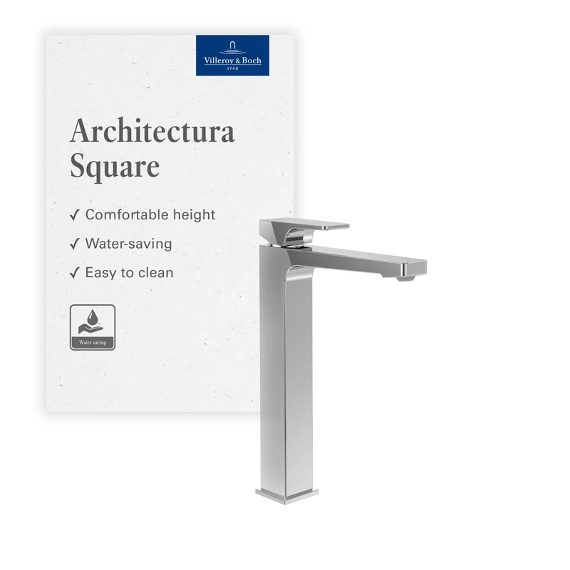 Villeroy & Boch Architectura Square Raised Basin Mixer Tap Bathroom Tap with Push Up Waste Water Saving Basin Tap Spout Height 258 mm Rectangular Chrome