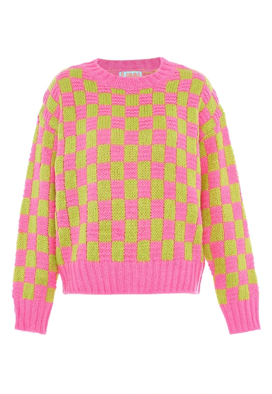 Libbi Women's Chic Colourful Jumper Acrylic Pink Lime Checked Size XL/XXL Pullover Sweater