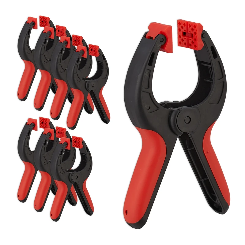 Relaxdays Clamp Set of 8, with 7cm Span, approx. 13kg Clamping Force, Non-Slip Handles, Rotatable Jaws, Black/Red