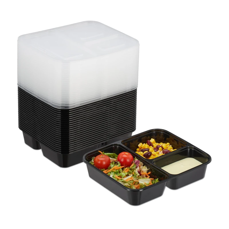 Relaxdays Meal Prep Containers, Set of 24, 3 Compartments, Microwave-Safe, BPA-Free, Reusable, Plastic Lunch Box, Black