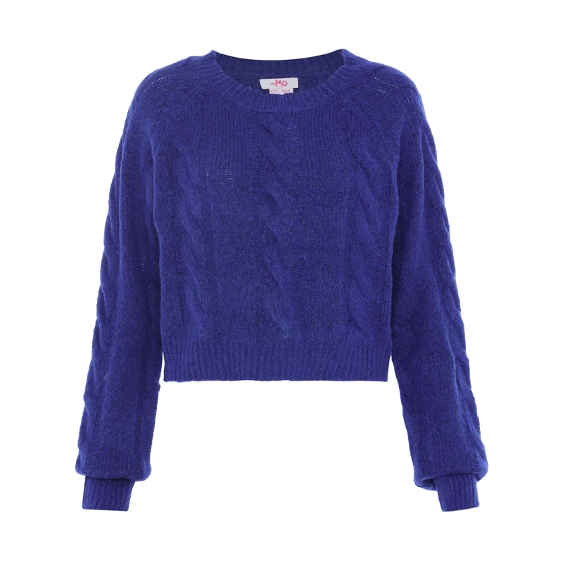 myMo Women's Casual Short Cut Cable Knit Jumper Recycled Polyester Blue Size M/L Pullover Sweater, M
