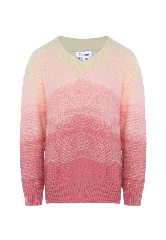 Sidona Women's V Neck Color Block Knit Acrylic Size Xs/S Pullover Sweater, Pink Multi-Coloured