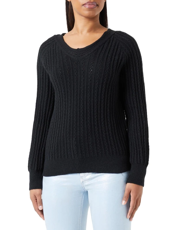 Naemi Women's Fashion Cutout V-Neck Sweater Acrylic Black Size Xs/S Pullover